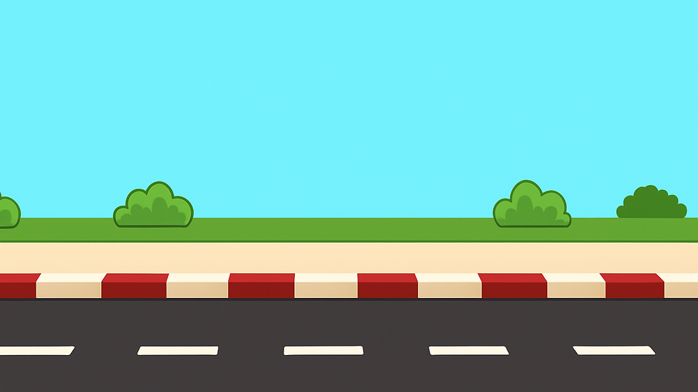 Decorative illustrated background of sky, clouds, grass, and a roadway.