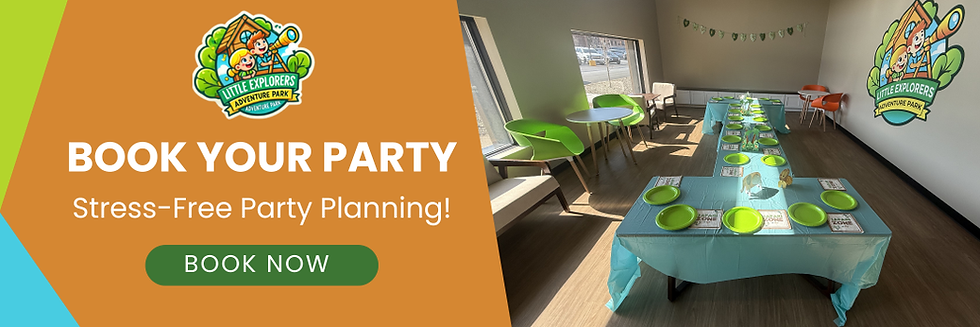 Little Explorers Adventure Park party room with long blue table, green plates and chairs, and text: BOOK YOUR PARTY, BOOK NOW